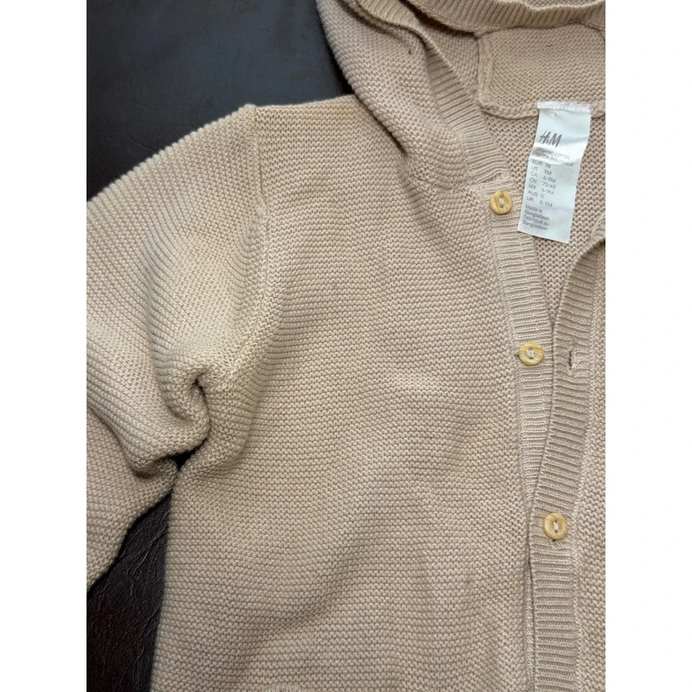 HM Baby Beige Organic Cotton Knit Hooded Cardigan Sweater Bear Ears 9M 1160413